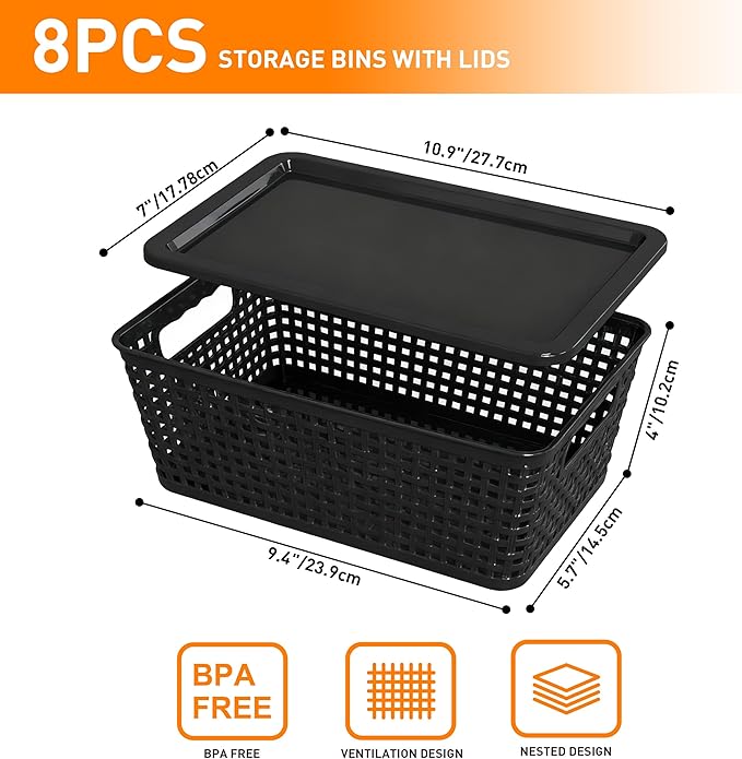 Plastic Storage Baskets With Lid, Storage Bins for Organizing, Stackable Decorative Containers for Shelves Drawers Desktop Closet Playroom Classroom Office, 8 Pack-Black