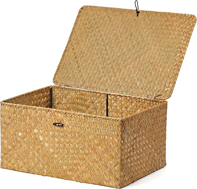 Nonam Seagrass Storage Large Basket with Lid Set of 3,Wicker Basket Storage Bin with Lid for Shelves,Boho Decor,Handwoven Shelf Basket for Organizing-Storage Container Box for Home Organization