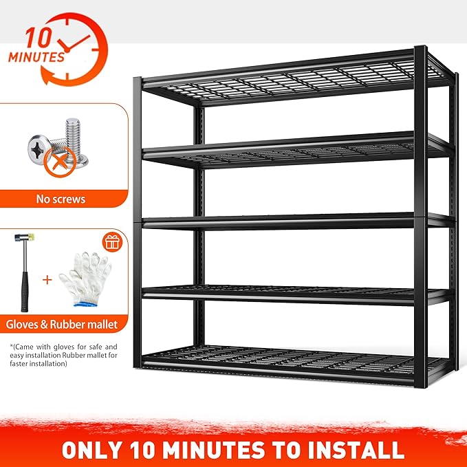 REIBII 48.2''W Garage Shelving Heavy Duty Metal Shelving 3000LBS Storage Shelves Adjustable Metal Shelves Industrial 5 Tier Garage Shelf for Basement Pantry Warehouse Supermarket, 2 Pack