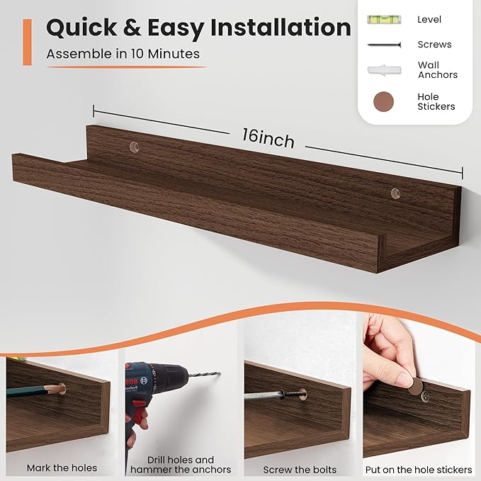 Fun Memories Picture Ledge Shelf, 16 Inch Long Floating Shelves Set of 6, Picture Shelf for Wall with Lip, Large Nursery Book Shelves for Storage, Wall Shelves for Living Room Bedroom Kitchen, Walnut