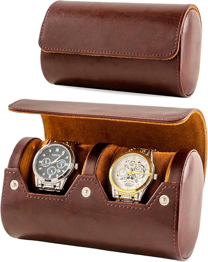 MR.OKAY 2 Watch Travel Case- Classic Leather Watch Case With Perfect Texture.Portable Watch Roll Or Organizer For Storage And Display. Luxury Gifts For Men, All Handmade by Artisans.