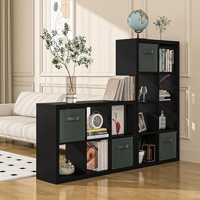 Bookshelf with Storage Bin, 4-Cube Storage Organizer, Modern Wood Open Bookcase, Multifunctional Display Shelf for Living Room, Bedroom, Home Office, Black