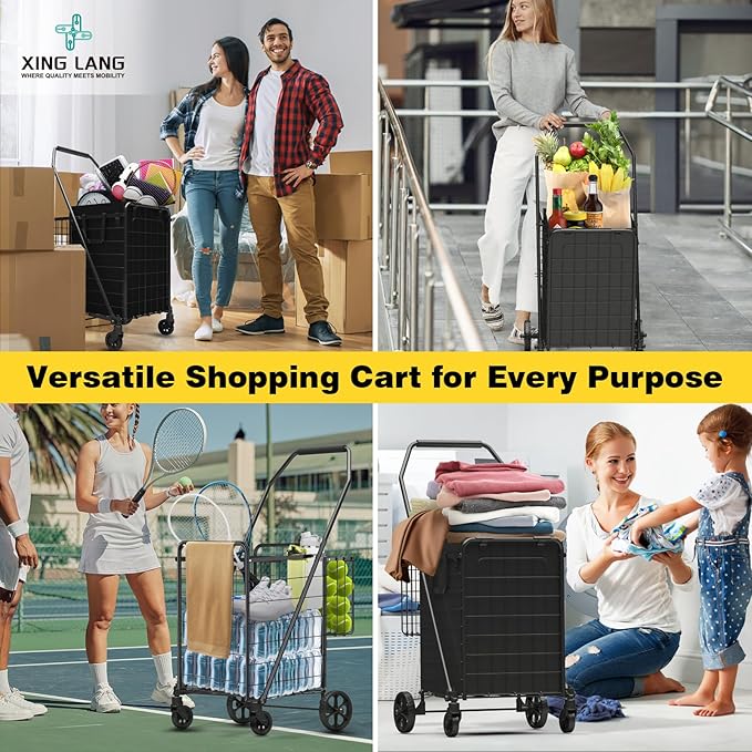 3.7 Cu Ft Folding Shopping Cart - 380 LB Capacity Grocery Cart with 360° Braked Swivel Wheels - Heavy Duty Utility Cart with Double Basket & Removable Waterproof Liner with Lid for Laundry