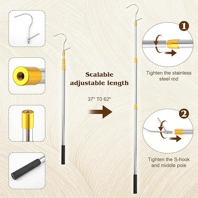 Clothes Hook Rod, 27-62 Inch Long Telescopic Rod, Stainless Steel, S-Shaped Hook, Tension Mounted