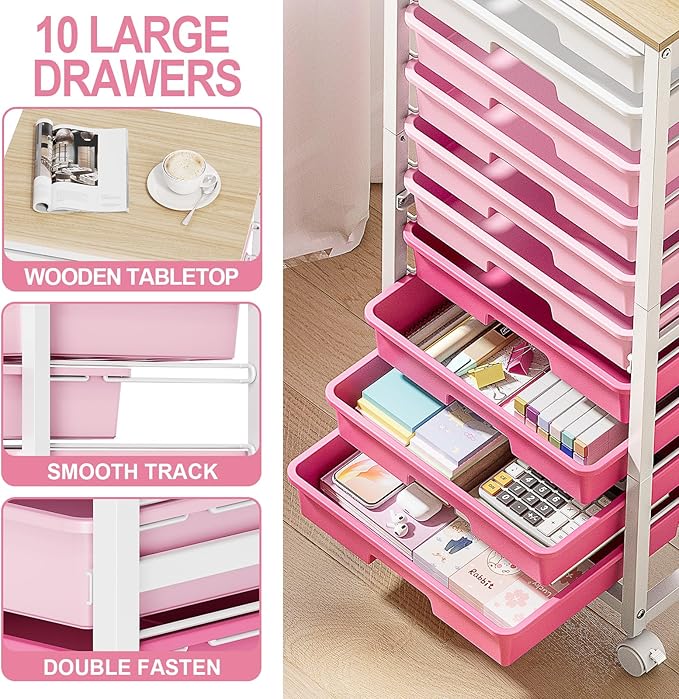 Rolling Cart with Drawers,10 Drawer Rolling Cart,Storage Cart,Utility Cart,Teacher Cart for Classroom Storage,Craft Cart with Wheels and Wooden Tabletop,Pink