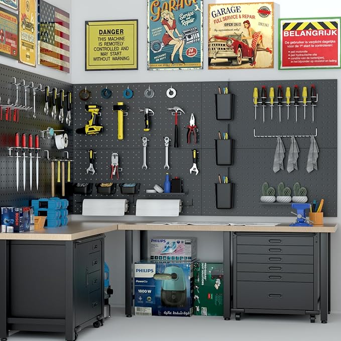 Metal Peg Board Kit with 1/4" Pegboard Accessories,Include 16.5"X13" Peg Board and Extra Thick Pegboard Accessories,Wall Organizer Peg Board Panels Tool Organizer Storage System (98)