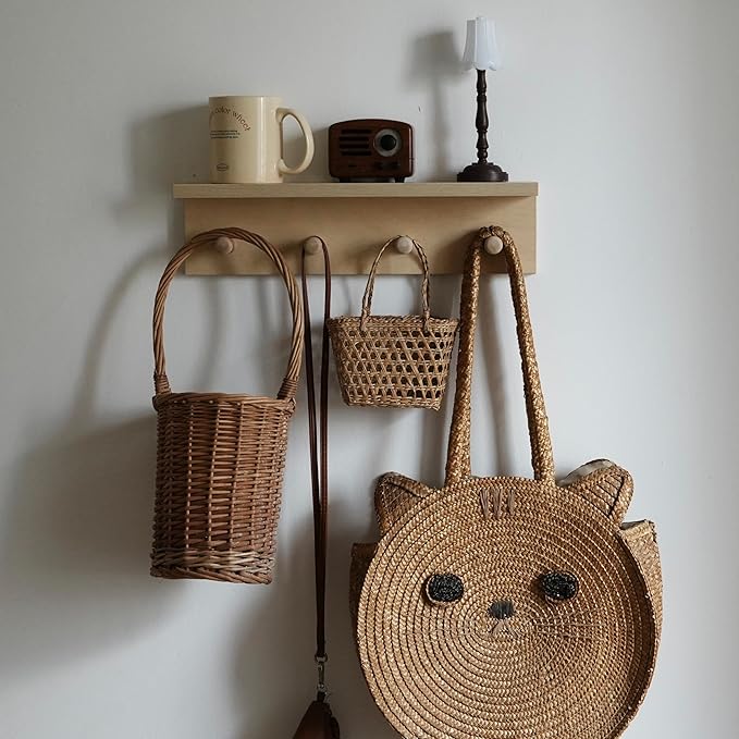 Entrance Coat Rack ，Coat Hooks, Wall-Mounted Wooden Hook Rack, Wall-Mounted Shelves are Very Suitable (Birch Colored Veneer)