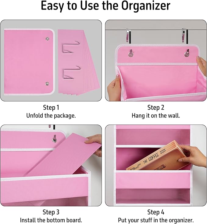 Over The Door Hanging Organizer with 4 Large Pockets – Closet, Bathroom, Nursery, Bedroom, Dorm Storage for Toys, Cosmetics, and Baby Essentials, Pink