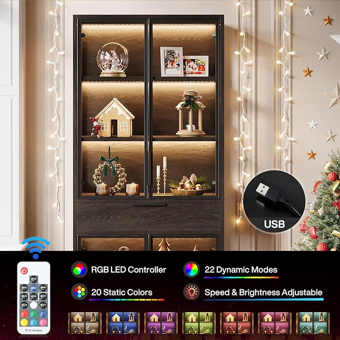 Tribesigns 71-inch Tall Display Cabinet with Doors, 5-Tier Curio Cabinet for Collectibles with LED Lights and Drawer, Display Case Bookcase with Shelves for Bedroom, Living Room, Office, Black