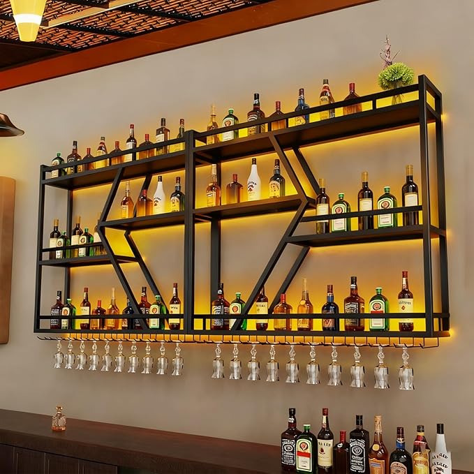 63in Metal Wine Rack Wall Mounted, Modern Wine Storage Rack Wall Mounted with Wine Glass Holder, Liquor Shelf, Bar Shelves for Liquor Bottles (3TIERS Black, 63 * 7.87 * 33.85INCH)