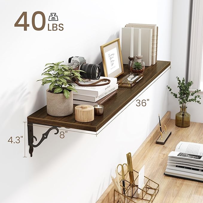 36 Inches Floating Shelves, Rustic Long Wall Shelves, 8 Inch Deep Book Shelf Wall Mounted with Bracket, Wide Display & Storage Shelves for Living Room, Bathroom, Bedroom, Walnut, Set of 2