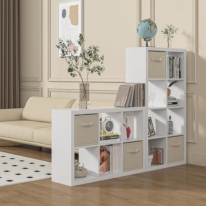 furtble Bookshelf with Storage Bin, 4-Cube Storage Organizer, Modern Wood Open Bookcase, Multifunctional Display Shelf for Living Room, Bedroom, Home Office, White
