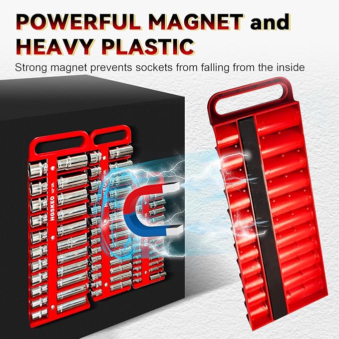 Magnetic Socket Holder Set with Handle, Portable Socket Organizer, Heavy Duty Socket Racks 1/2" Drive Holders Hold 22 standard Sockets for Tool Box (Red, 1/2" Drive)