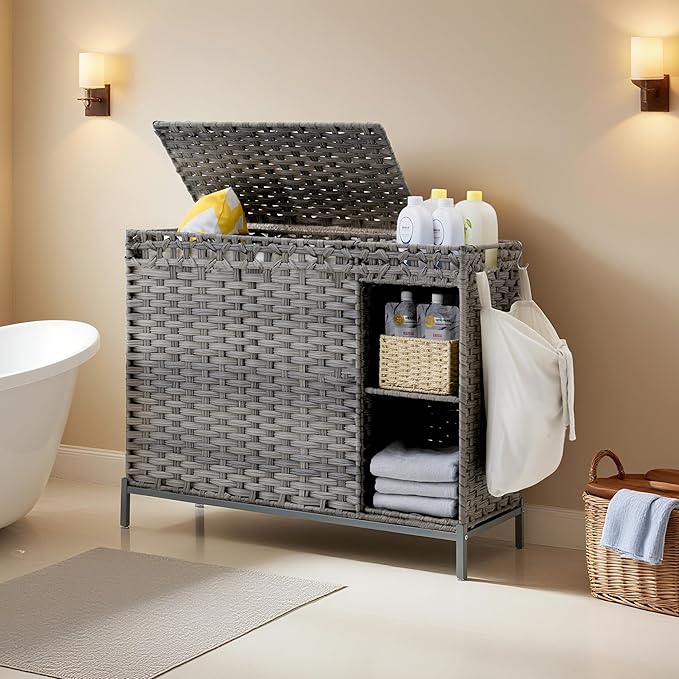 Laundry Hamper with Lid, 130L (34.4 Gal) Rattan Laundry Hamper 3 Section with 50L(13.2 Gal) Storage Shelf, Wicker Woven Laundry Sorter Basket with 4 Liner Bags and Handles, Natural GLH003N