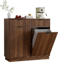 Double Tilt-Out Trash Cabinet, Laundry Hamper Cabinet with 2 Drawers, 39.4W x 34.3H x 13.8D inches, Walnut, Wave-Textured Front.