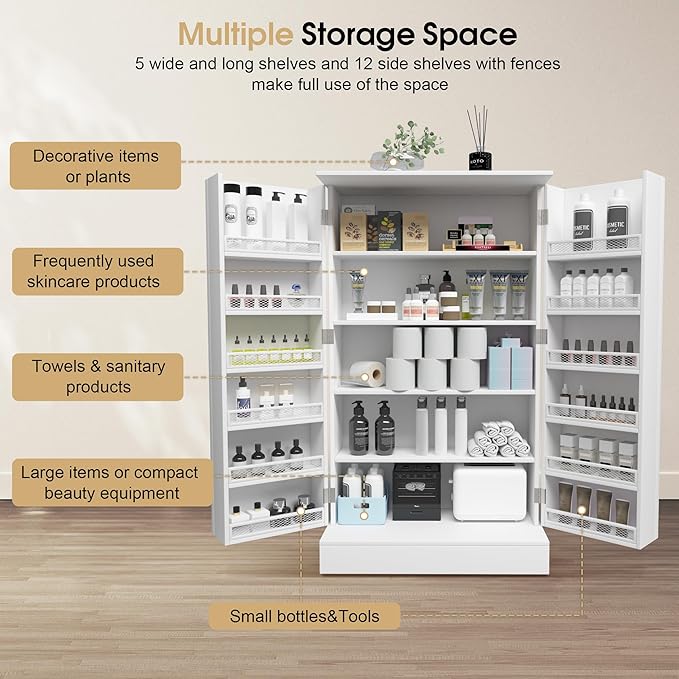 BarberPub Storage Cabinet, Multi-Functional Beauty Salon Organizer with Hinged Door, Adjustable Shelves, for Spa, Home, Office 2024 (White)