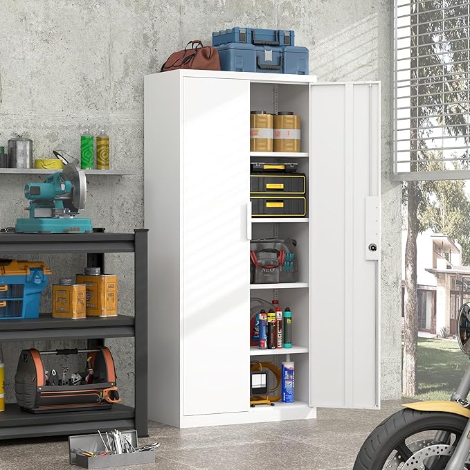 Metal Locking Cabinet, 71" H Metal Garage Cabinets with Adjustable Shelves, Heavy Duty Tall Cabinet for School/Office/Home, Large Storage Cabinet with Doors and Keys, White