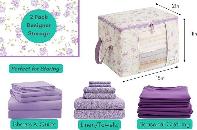 Designer Canvas Clothing Storage Bags 2 Pack Purple Floral Clothes Organizer bags for sweaters, clothing, garments, quilt, linens, large folding organizers with zip & window, moth proof space saver