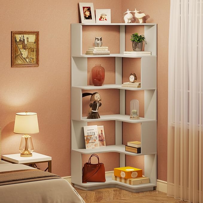 Tribesigns 6-Tier Corner Bookshelf, 64.96 Inch Tall Bookcase with Anti-Drop Panel, Modern Freestanding Corner Shelf Display Rack Storage Organizer for Home Office, Living Room, Silver Gray
