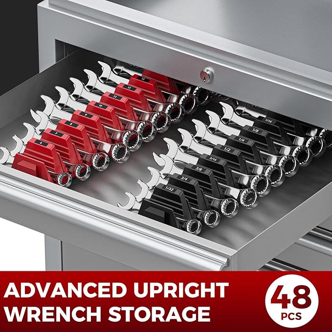 48PCS Magnetic Modular Wrench Organizers for Tool Drawers - Black & Red - Wrench Rack with Metric & SAE Labels, Customizable Magnet Tool Storage Holder for Tool Box Organization