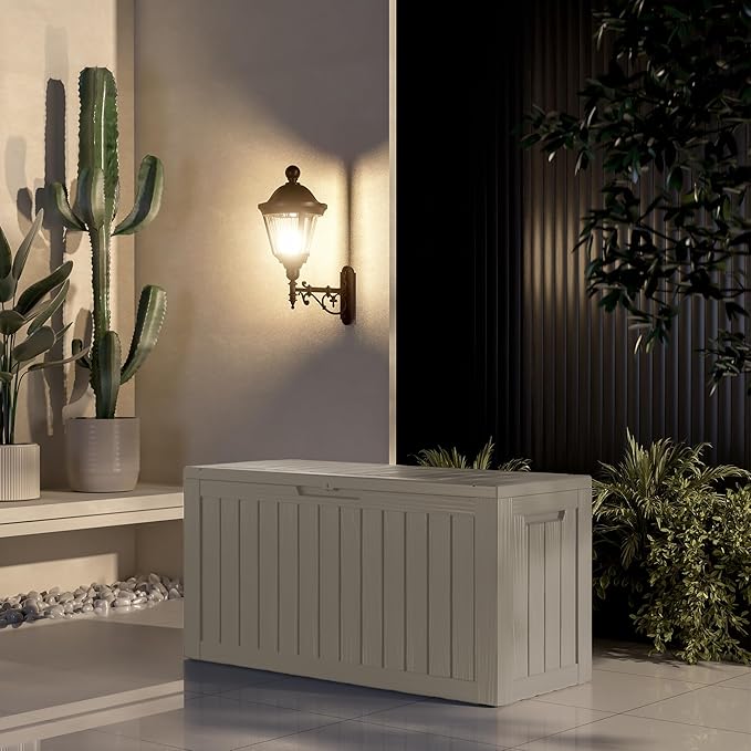 80 Gallon Resin Deck Box, Waterproof Outdoor Storage Box for Patio Furniture, Garden Tools, and Pool Accessories, Lockable UV-Resistant Storage Bin Bench Cabinet for Outside, Grey