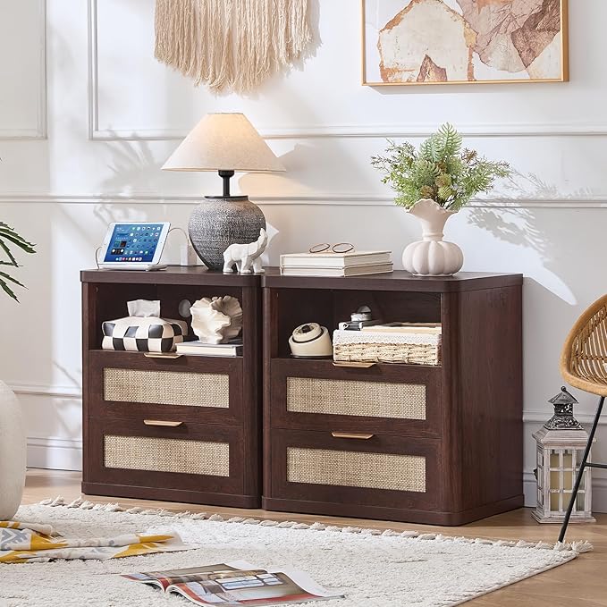 LEYAOYAO Rattan Nightstands Set of 2 with Charger Station, 23" Wide Boho Night Stand with 2 Drawers, Bedside Table Open Shlef, Bed Side End Table Dresser for Bedroom, Living Room Hallway, Walnut