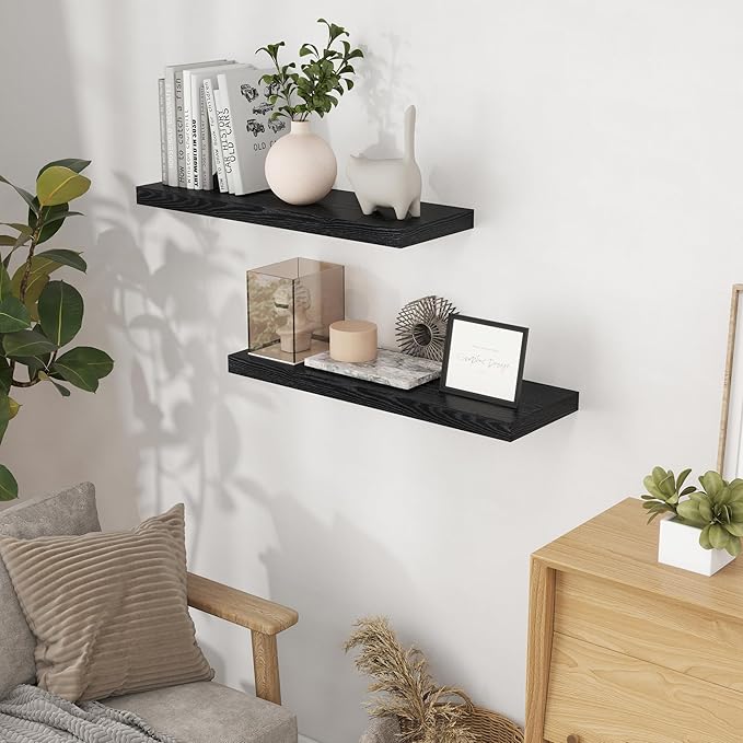 Fun Memories Black Floating Shelves 32 Inch Long, Rustic Wood Wall Mounted Floating Shelf for Bathroom, Bedroom, Kitchen, 9.3 Inch Deep Wall Shelves Invisible Brackets for Books|Storage|Decor