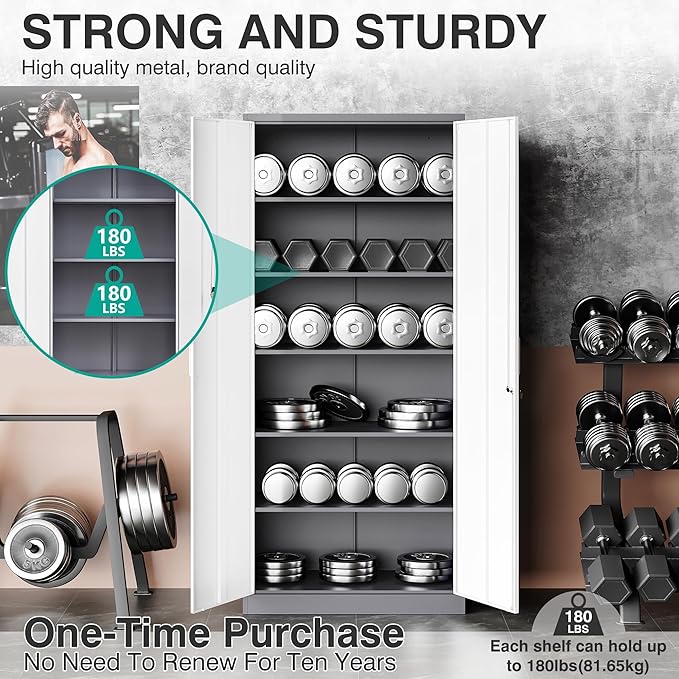 Metal Storage Cabinet with 2 Doors and 6 Shelves,Gray White Metal Cabinet with Lock,71" Lockable Garage Storage Cabinets,Locking File Cabinet,Steel Tool Cabinets for Home,Office,Garage,Shop,School