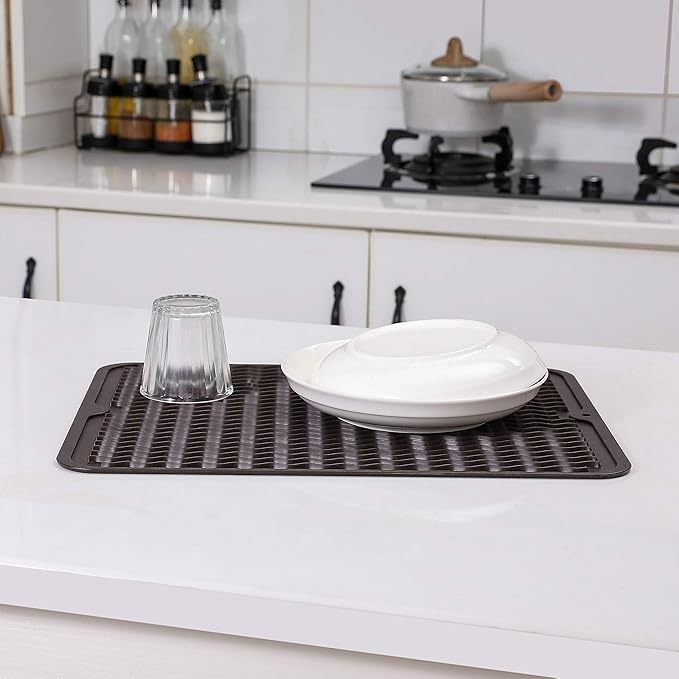 Silicone Dish Drying Mat for Multiple Usage,Easy clean,Eco-friendly,Heat-resistant Silicone Mat for Kitchen Counter or Sink,Refrigerator or drawer liner Coffee L 16 inches x 12 inches
