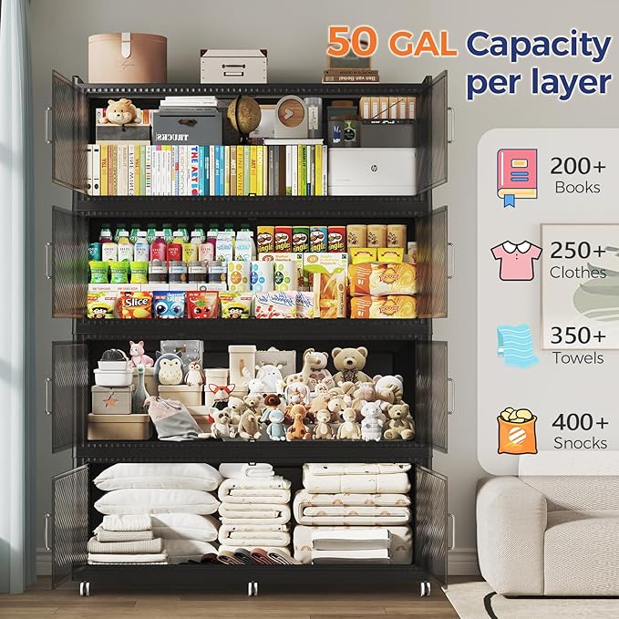 200 Gallon Extra Large Collapsible Storage Bin with Lid, 960QT Stackable Plastic Organizer with 6x Wheels, Foldable Drawer Cabinet for Closet, Living Room Office, Kitchen 4Pack, Black