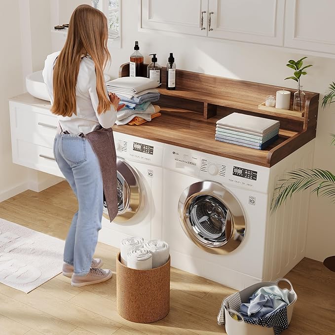 2-Tier Washer Dryer Countertop with 2.75" H Edge Rails, 58" W x 28" D Laundry Countertop for Folding Clothes, Washer and Dryer Topper with Non-Slip Pad (Dark Walnut)