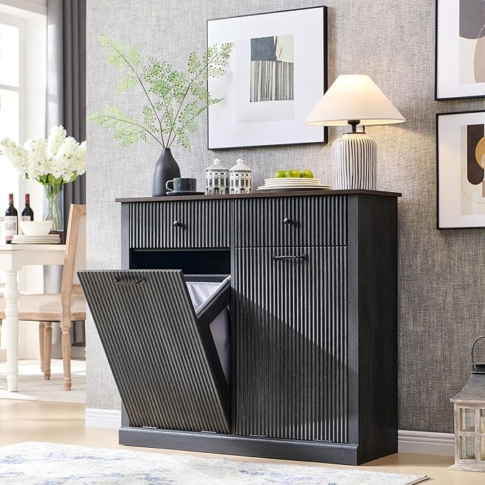 Modern Double Tilt-Out Laundry Hamper Cabinet, 20 Gallon Fluted Trash Can Cabinet w/2 Drawers, Wooden Hidden Garbage Can Cabinets w/Laundry Basket, Free Standing for Bathroom and Kitchen, Grey