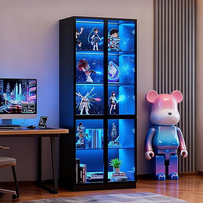 79'' Tall Glass Display Cabinet with LED Lights,Showcase with Glass Doors,5-Tier Curio Cabinet for Collectibles Bookcase,Storage Shelf, Bookcase (Black- 5 Layers, Large)