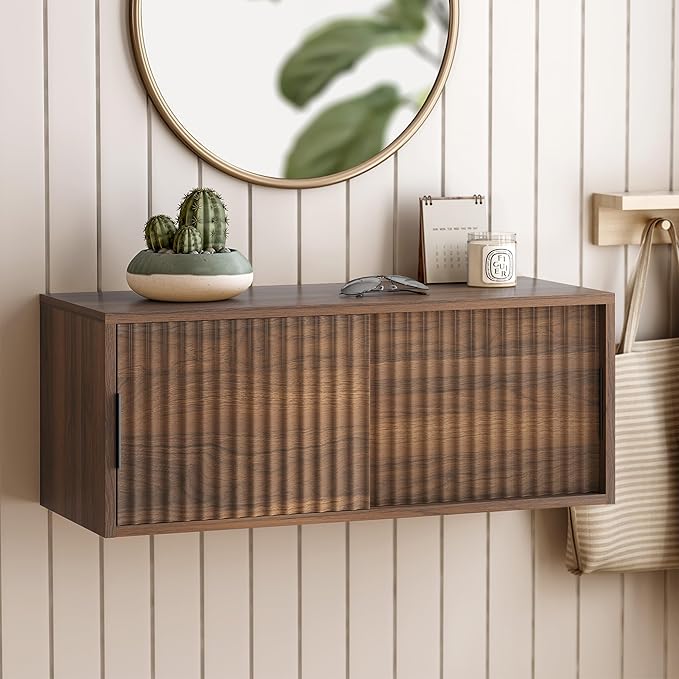 Floating Nightstand with Sliding Doors, Modern Fluted Large Night Stand Storage Shelf Wall Mounted Bedside Tables for Bedroom, Brown