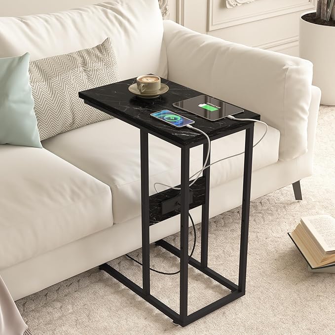 VECELO C Shaped End Side Table with Charging Station & Power Outlets for Couch Sofa/Bed, Snack TV Tray with Metal Frame for Living Room Bedroom 1 PCS, Black Marble