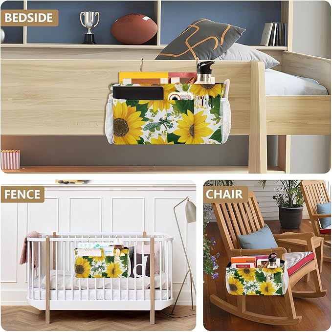 Cute Yellow Sunflowers and Dragonflies Bedside Caddy for Dorm Bed Bedside Hanging Caddy Bag Iron Frame Storage Organizer Pocket for Bunk Home College Hospital Beds 2 Hooks