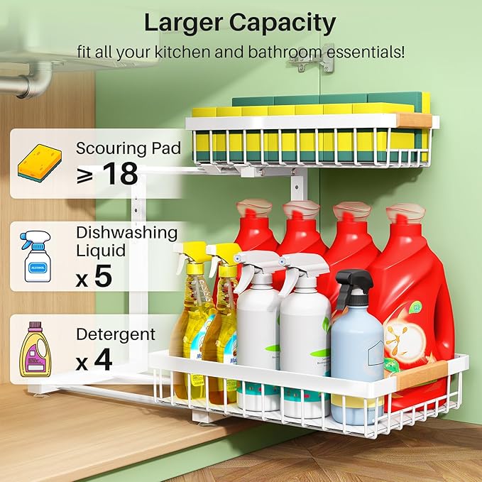 Pull out Cabinet Organizer, 1 Pack Under Sink Organizer, Slide out Metal Kitchen Cabinet Organizers Drawer Shelf, Sliding Storage Shelves for Kitchen Bathroom Pantry Closet Organization Rack(White)