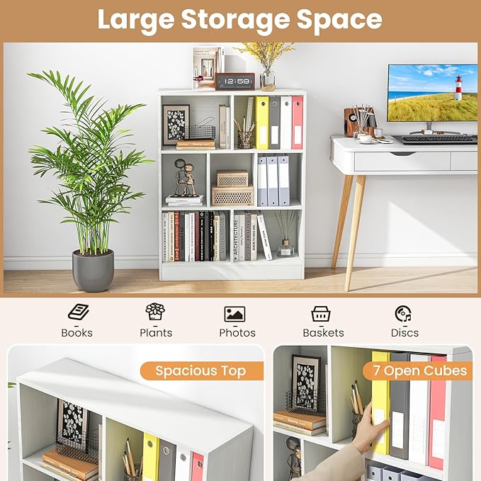 Giantex 7 Cube Bookcase, 4-Tier Freestanding Bookshelf w/ 7 Open Compartments, 2 Anti-Tipping Kits, Modern Display Cabinet, 41" Wood Cubby Storage Organizer for Living Room, Bedroom, White