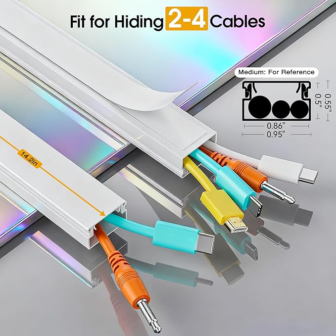 212.6in Cord Covers for 2-3 Wires on Wall, TV Cord Hider Wall, Paintable Cable Hider Raceway, Easier Set-up Wire Hider Wire Covers for Cords on Wall, Self-Adhesive Cable Cover, W0.95 H0.55in, White