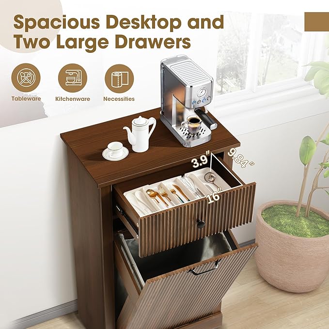 Grepatio Tilt Out Fluted Laundry Hamper Cabinet, 11 Gallon Hidden Laundry Hamper, Wooden Trash Can Cabinets with Drawer, Modern Garbage Can Cabinet for Bathroom, Kitchen, Living Room (Brown, Single)
