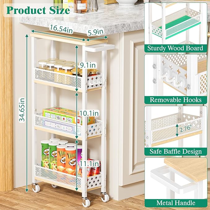 Giwil 4-Tier Slim Rolling Storage Cart for Kitchen Bathroom Organizer, Mobile Narrow Storage Cabinet Utility Cart with Wood Rack on Wheels for Pantry Laundry Small Space, White
