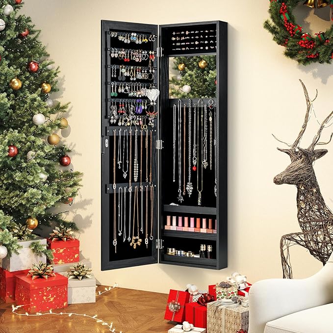 Giantex Wall Mounted Jewelry Cabinet with Full Length Mirror, Over The Door Jewelry Armoire Organizer with Large Storage, Makeup Mirror & Velvet Lining (Black)