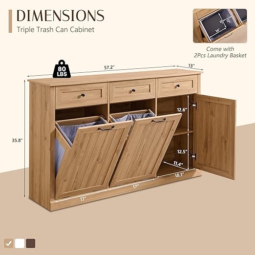 Triple Tilt Out Trash Can Cabinet, 20 Gallon Farmhouse Laundry Hamper Cabinet w/3 Drawers & Adjustable Shelf, Hidden Wooden Trash Can Cabinets with Storage Basket for Kitchen (Natural)