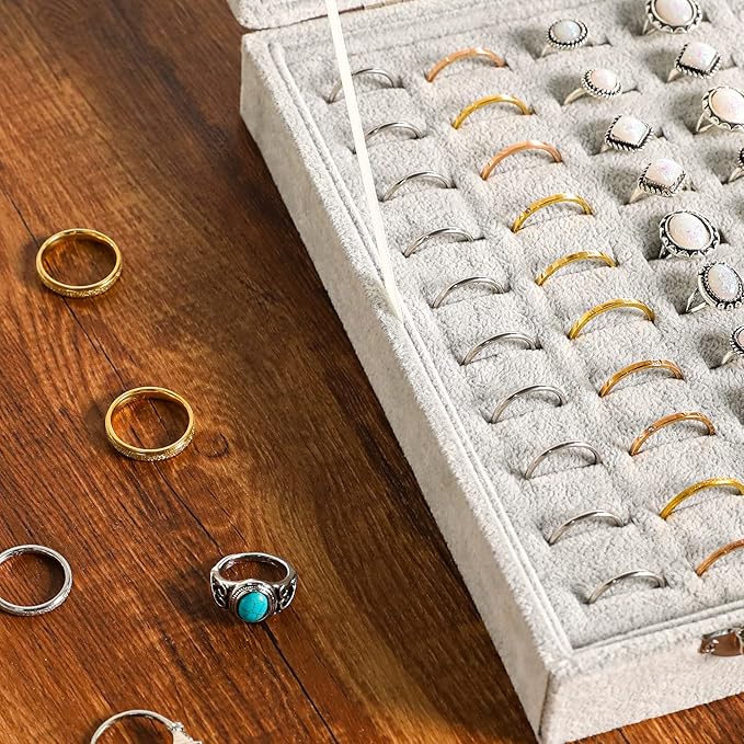 Frebeauty Ring Organizer Tray 100 Slots Ring Holder with Clear Lid Velvet Storage Box Jewelry Tray for Jewelry Store Earring Display Case for Jewelry Show Studs Box for Women(Grey)