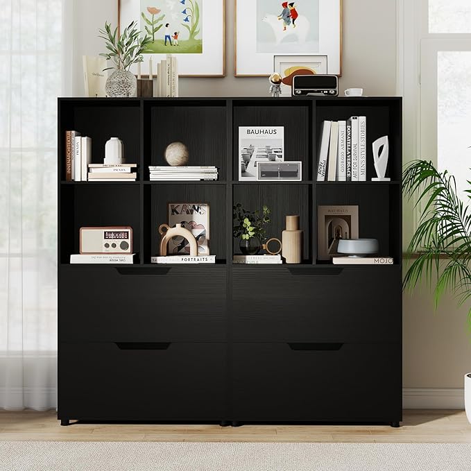 Giantex Bookshelf with 4 Cubes & 2 Drawers, 51” Tall Floor Bookcase with Anti-tip Kits, Freestanding Display Rack Storage Organizer for Study, Living Room, Home Office (Black)