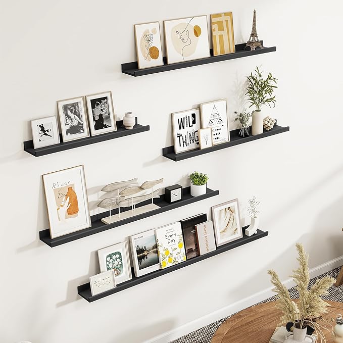 Fun Memories Picture Ledge Shelf, Black Floating Shelves Set of 4, 36 Inch Picture Shelves for Wall with Ledge, Large Nursery Book Shelf for Toys Storage, Living Room, Bedroom Decor Frames