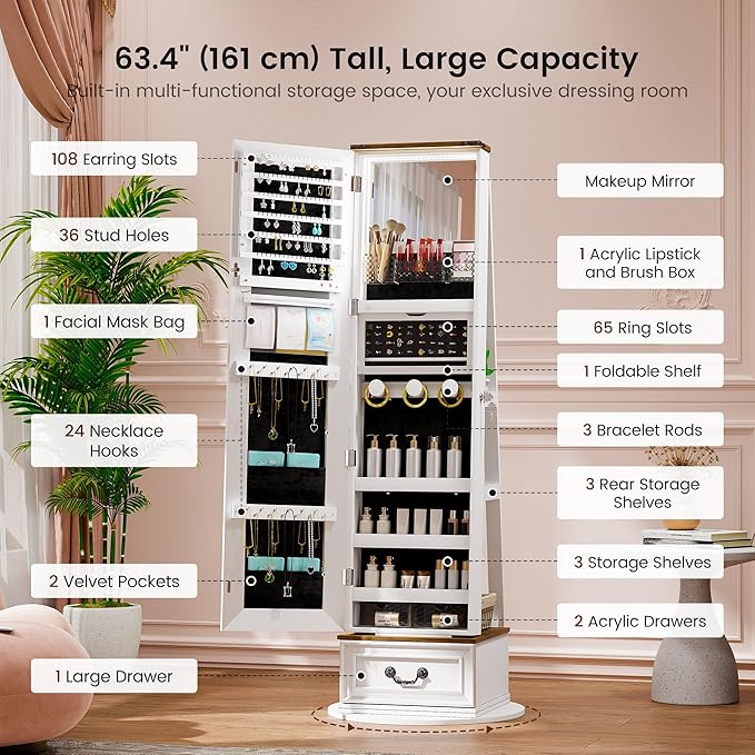 LVSOMT LED Mirror Jewelry Cabinet Standing, 360°Swivel Jewelry Armoire with Full Length Mirror, Mirror with Jewelry Storage and Large Wooden Drawer for Christmas Gifts (Farmhouse White)