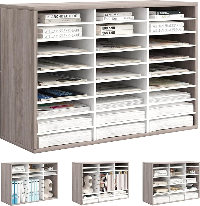 Literature Organizer 27 Slots Wooden Mailboxes for Classroom Office Mail Organizer Countertop Vertical File Sorter with Adjustable Shelves Heavy Duty Office Mailbox Cubbies, Retro Grey/White