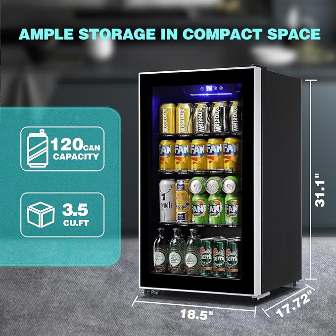 WANAI Mini Fridge Cooler 120 Can Beverage Refrigerator with LED Display with Touch Screen, Adjustable Shelves, Small Beverage Fridge with Glass Door for Beer Soda Wine for Home, Office, Bar, 3.5 Cu.Ft
