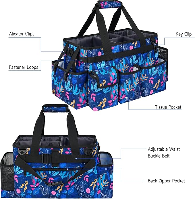Cleaning Organizer, Large Caddy Bag for Supplies, Housekeeper's Bag with Handle (Blue Leaf)